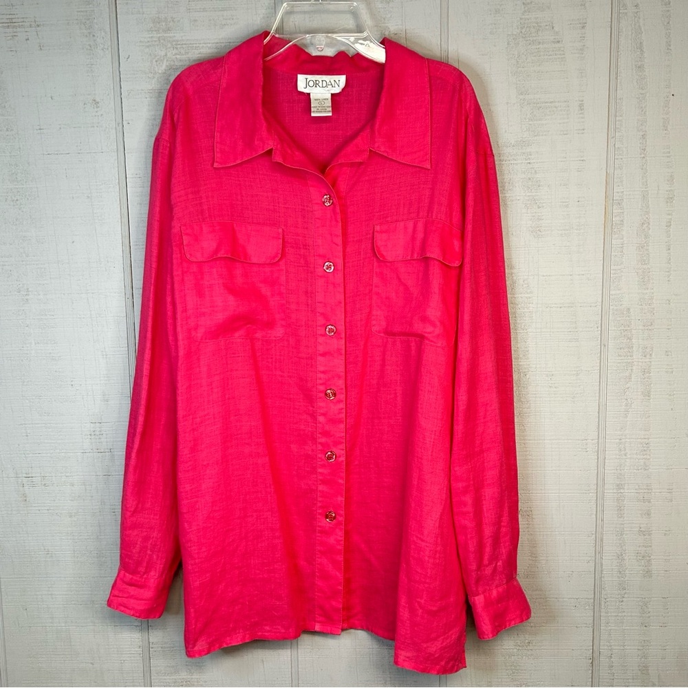 Vintage Womans Button Down Tunic Top Sz L 100% Linen Pockets Hot Pink Lagenlook